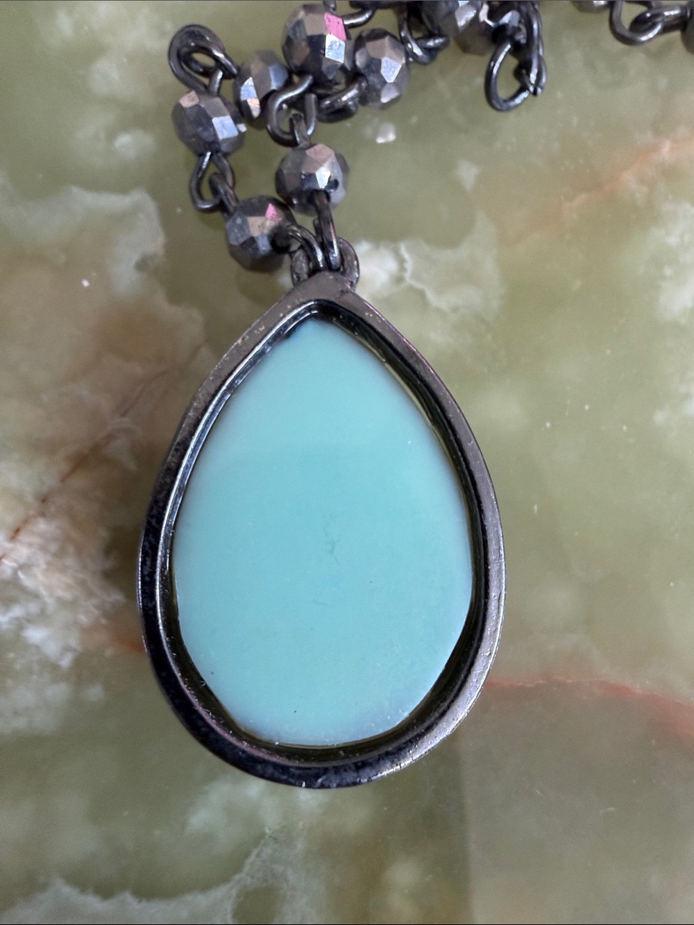 Silver Tone Double Strand Necklace with Green Opalescent Teardrop Pendant - Picture 5 of 5